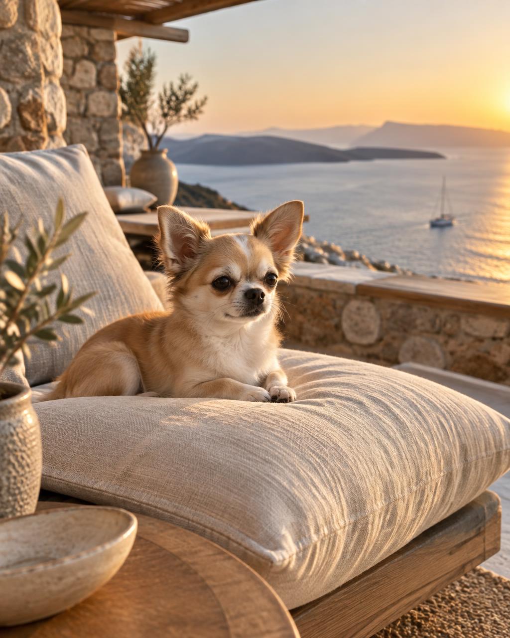Ege'ye bakan resort terasında keten minderde dinlenen zarif bir köpek